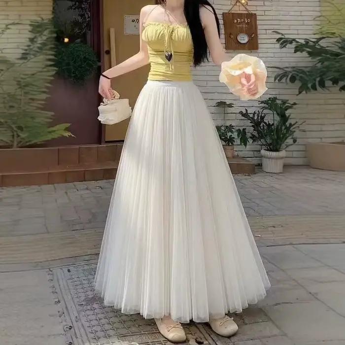 Jupe longue évasée plissée taille haute pour femme