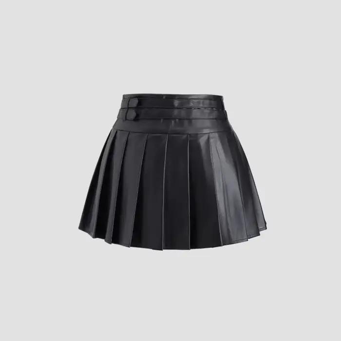 Nouvelle jupe plissée trapèze taille haute en similicuir noir pour femme 2026