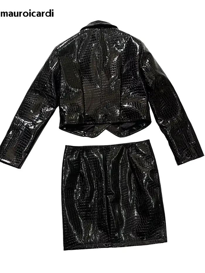 Mini jupe courte en cuir Pu pour femmes, imprimé Crocodile noir réfléchissant brillant, taille haute, vêtements de luxe élégants, automne 2025