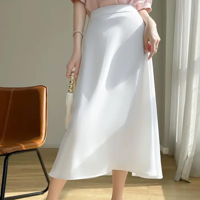 Jupe mi-longue trapèze en satin acétique pour femme, taille haute et coupe slim, idéale printemps-été