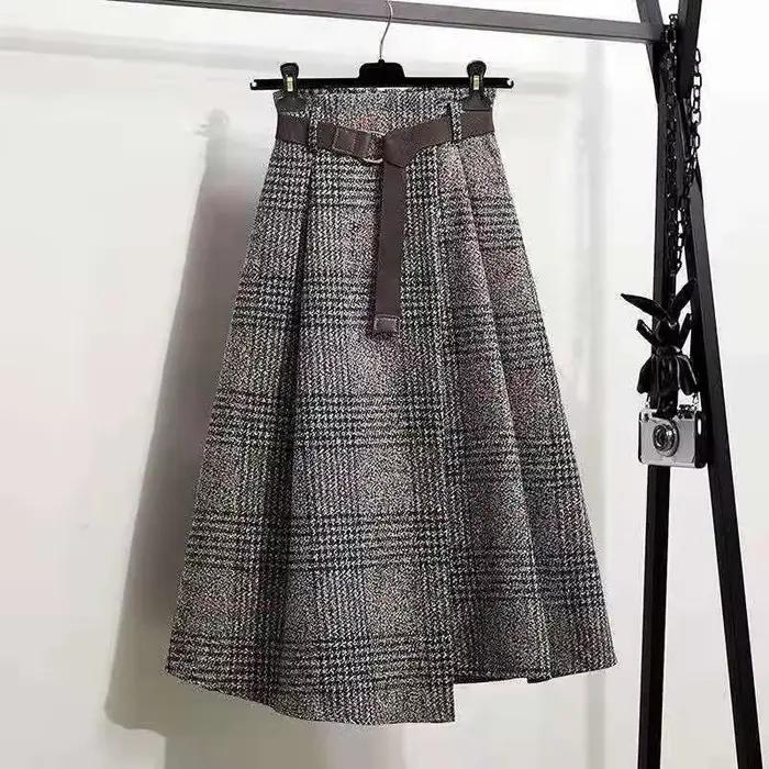 Jupe femme grande taille Tweed Plaid automne hiver a-ligne mi-longue plissée irrégulière Vintage vêtements