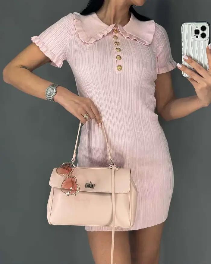 Élégant tricoté volants robe courte avec manches Vintage décontracté courbé taille haute Mini robes jaune 2025 été nouveau blanc rose