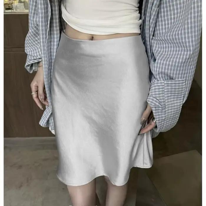 Jupe midi élégante en satin lisse pour femme, coupe trompette, taille élastique, idéale pour l'été