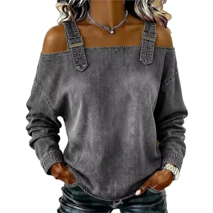 Haut en jean pour femme, élégant, à épaules dénudées, à manches longues avec bretelles, chemise en jean élégante et polyvalente, streetwear pour femme