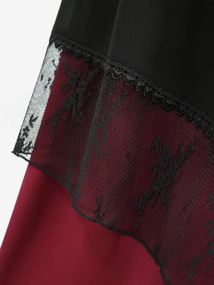 Jupes pour femmes grandes tailles, jupe superposée en dentelle et mousseline rouge foncé ou costume de vampire pour Halloween, jupe gothique à lacets bicolore