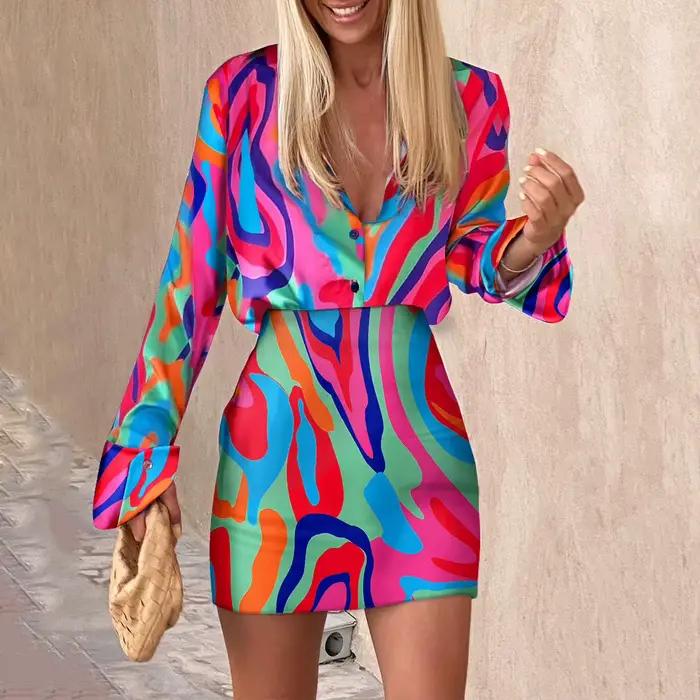 Jupe Imprimée Deux Pièces Avec Chemise Pour Femmes Nouvelle Collection Printemps Ete Mode Bureau Robe Soirée Boite De Nuit