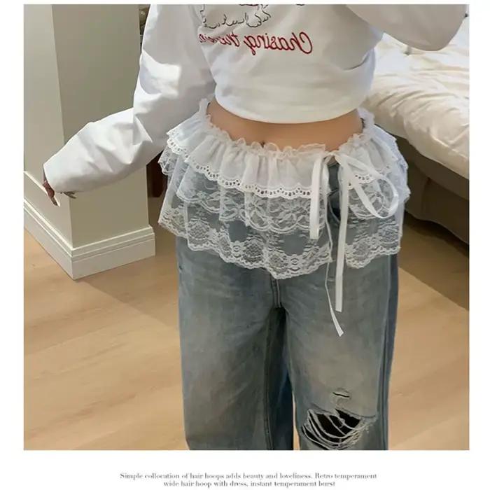 Jupe en gaze superposée en dentelle florale, Streetwear Y2k, à lacets, plissée, rideau de pet champignon, jupe portefeuille