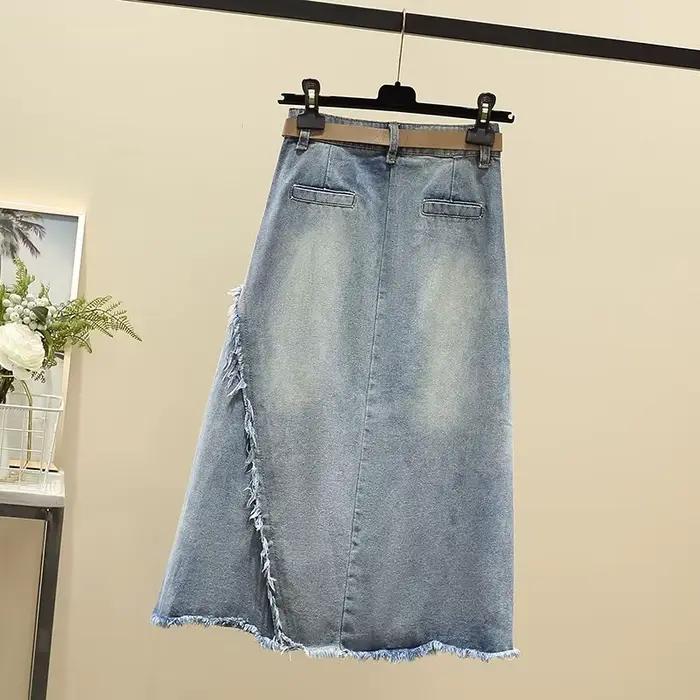 2025 nouvelles femmes jupe bleue longues jupes en jean Style coréen mode trou jupes surdimensionnées pour femme