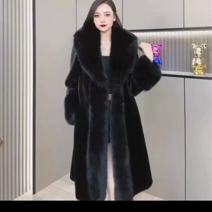 Manteaux en fausse fourrure pour femmes, manteau Long épais et chaud, col rabattu, point ouvert, vestes d'extérieur de printemps, épissure élégante, automne hiver