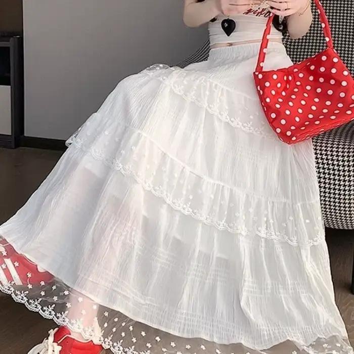 Jupes longues en tulle pour femmes, taille haute élastique, avec patchwork de dentelle, jupe à volants blancs, style A-line plissée et moelleuse