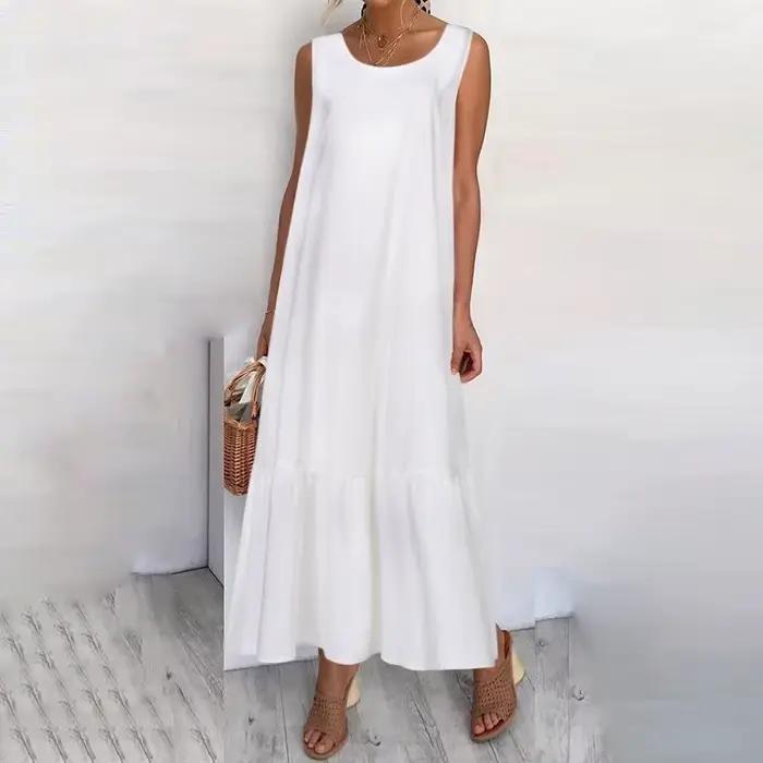 Nouvelles robes 2025 femme mode été couleur unie coton-lin sans manches grande taille femmes ample robe longue jupe