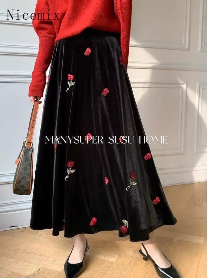 Nicemix automne/hiver nouvelle jupe rétro brodée rouge Rose velours pour les femmes Style français taille haute minceur a-ligne jupes longues