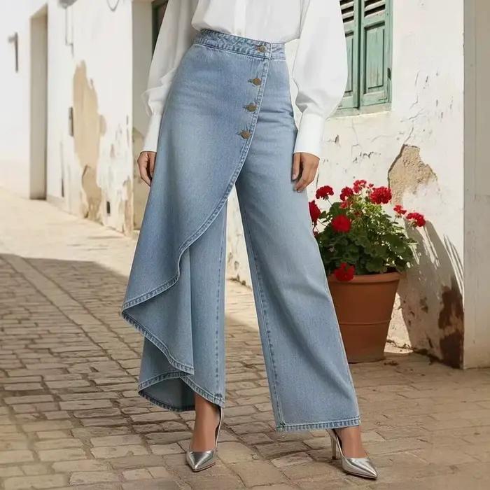 Jupe-culotte en jean pour femme, style vintage, avec boutons, coupe large, taille haute irrégulière, pantalon droit, élégant, avec empiècements, pour l'été