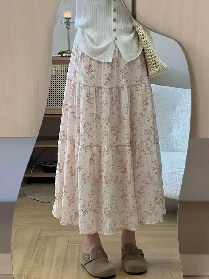 Jupe longue en mousseline de soie à motifs floraux doux pour femme, taille haute, élégante, ample, style coréen chic, décontractée, douce, pour l'été