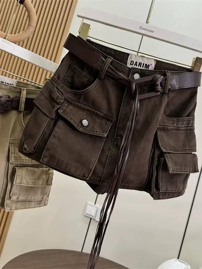 Femmes marron Cargo jupe 2000s Vintage Harajuku Gyaru taille haute