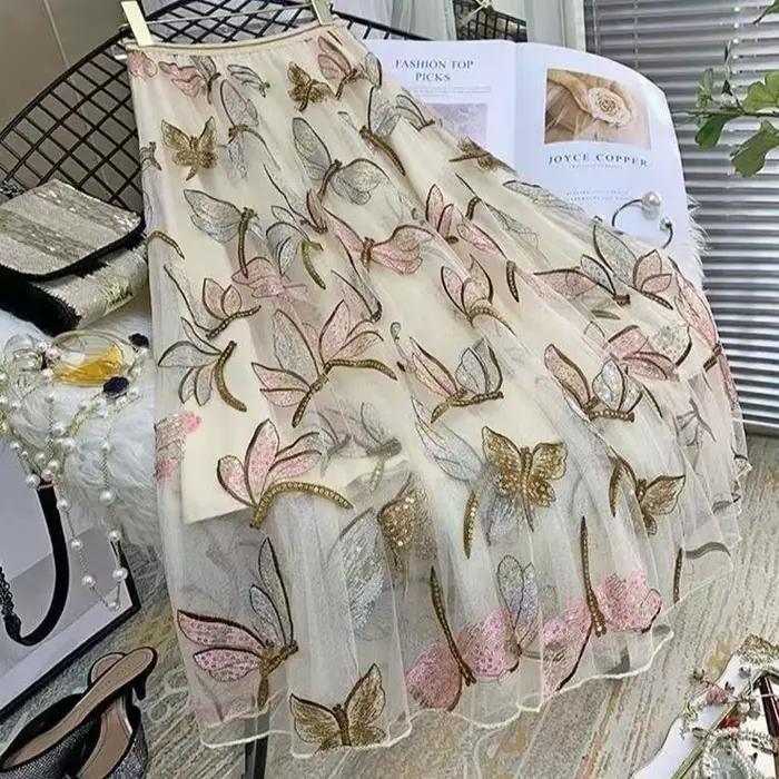 Jupe longue en polyester féminine et décontractée avec perles pour juniors, mode Harajuku Kawaii Y2K midi maxi streetwear taille haute vintage pour toutes les saisons