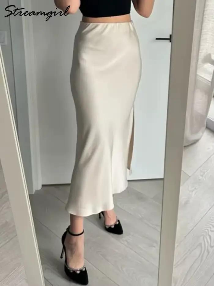Femmes été Beige jupes longues tendances 2025 taille haute Maxi jupe d'été rayonne soie crayon côté fente Satin
