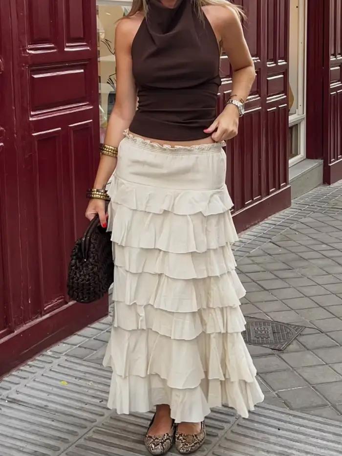 Jupe mi-longue à plusieurs niveaux pour femmes vert armée vintage décontractée élégante longue chic streetwear mode taille élastique kobiecy