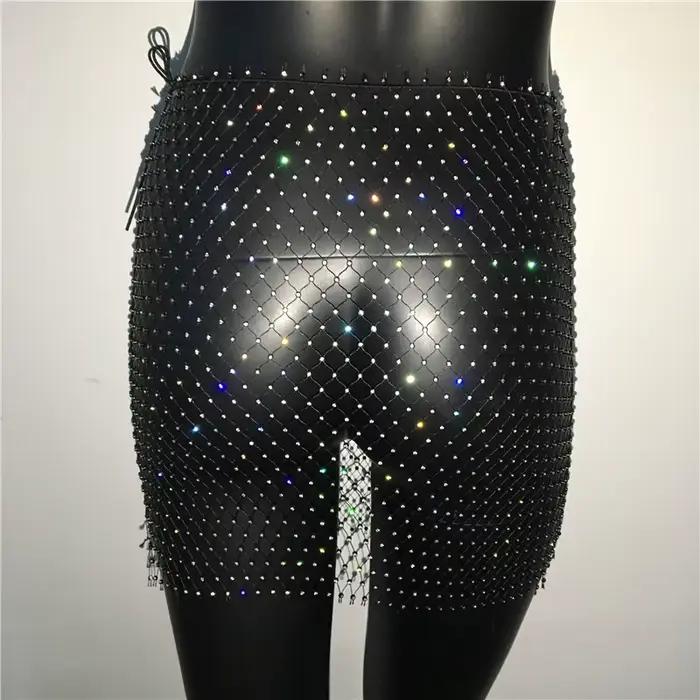 Mini jupe résille blanche et noire pour femmes strass scintillants mode boite de nuit soirée plage style décontracté