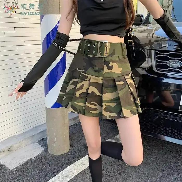Robe d'été femme Rue femmes Camouflage Denim plissé Mini jupes danse école filles taille haute ceinture