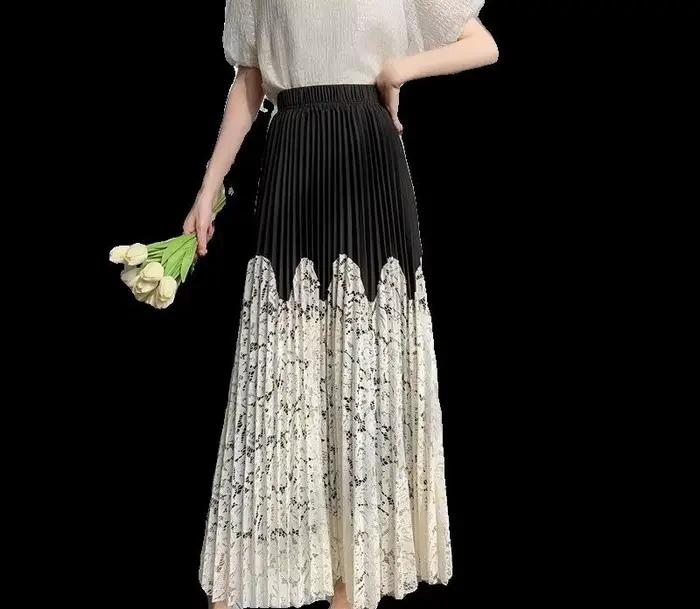 Jupe mi-longue plissée en dentelle patchwork pour femmes, nouveau style d'été, couvrant le croisement, taille haute, grande jupe longue évasée