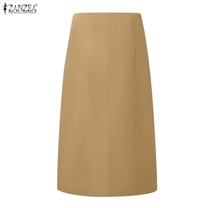 ZANZEA Jupe Midi Unie d'Été Élégante pour Femme, Taille Haute, Plissée, Style OL, pour Soirée et Travail, Grande Taille