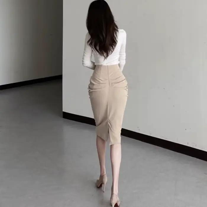 Dongdaemun coréen taille haute plissée minceur Sexy demi-longueur jupe femmes à la mode affaires décontracté Polyester mélange