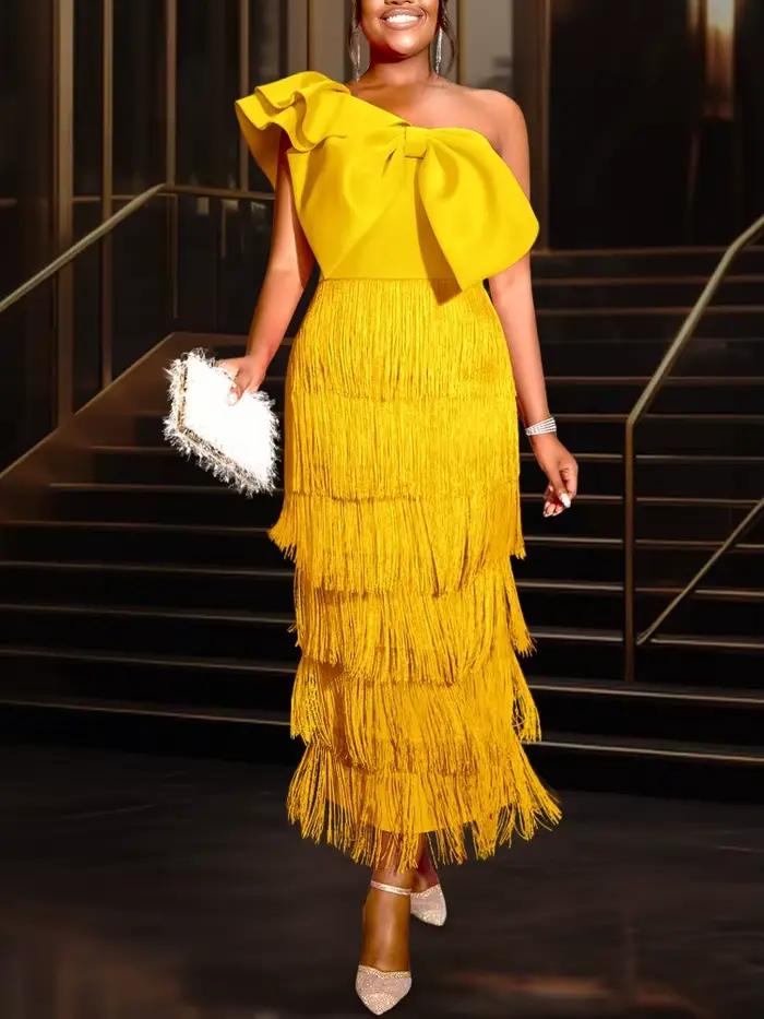 Une épaule frange longues robes pour femmes jaune arc volants manches Empire couches gland soirée anniversaire Cocktail