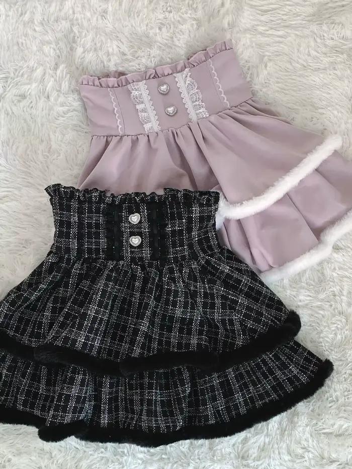 Ensemble jupe courte et haut tricoté Lolita en dentelle perlée avec nœud papillon en peluche pour filles - Collection Automne Hiver