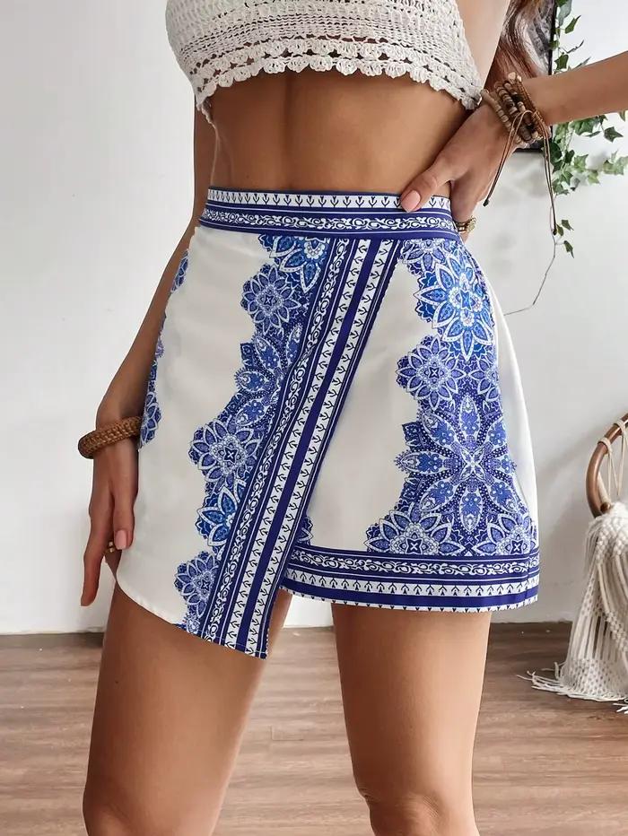 Jupe-short taille haute imprimée bandana style bohème pour femme - Short décontracté à ourlet asymétrique et devant croisé pour les vacances à la plage et le quotidien estival
