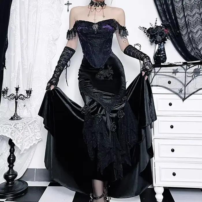 Mall Goth velours queue de poisson jupe femmes Vintage Jacquard hanche enveloppement fée Grunge