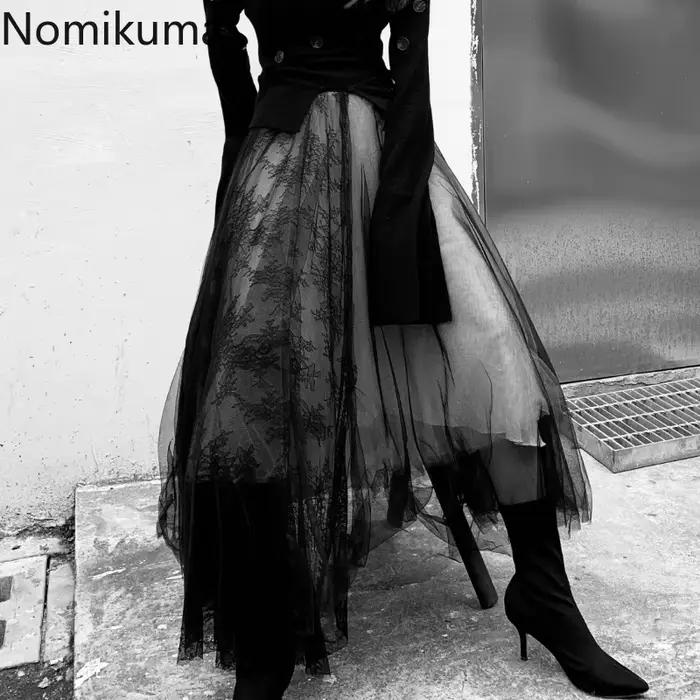 Harajuku Punk jupes longues pour femmes Patchwork gaze Chic Jupe 2025 Faldas Mujer De Moda japonais dentelle a-ligne Streetwear Jupe
