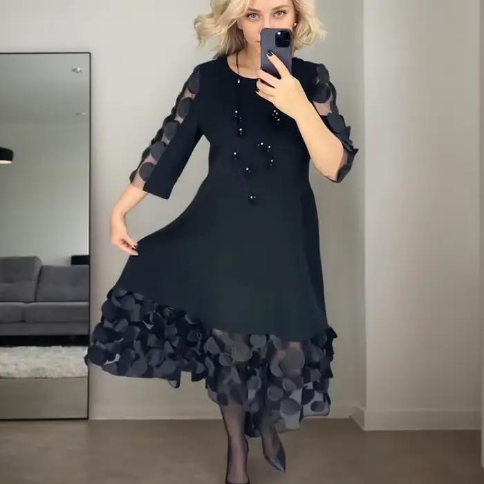 Robe évasée tendance pour les déplacements, couleur unie, col rond, Perspective, points, maille, Patchwork, manches cinq points, jupes mi-longues