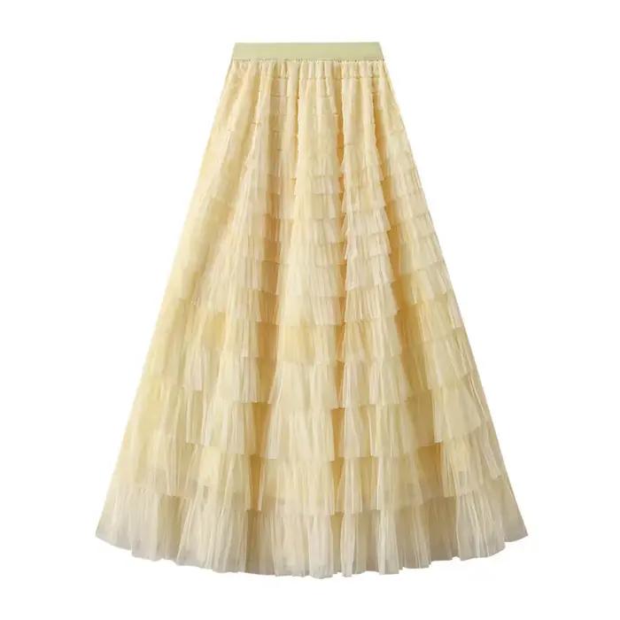 Jupe longue femme 2026 chic taille haute coupe trapèze en maille tie-dye avec patchwork et volants en tulle