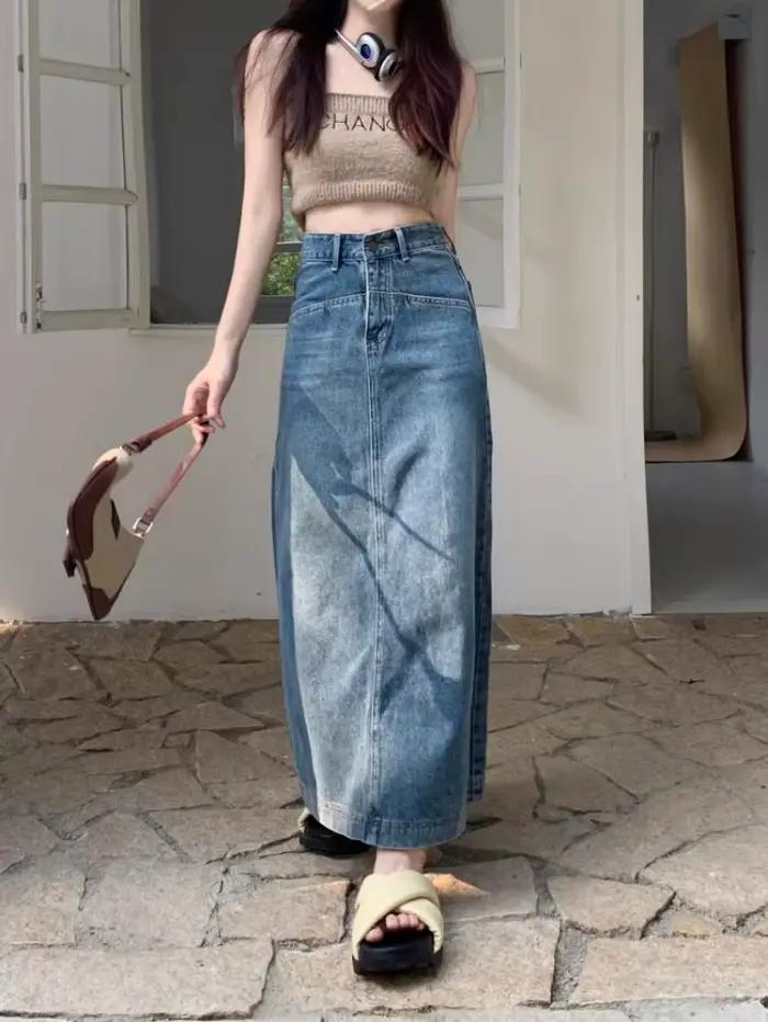Jupe en jean droite rétro bleue pour femme
