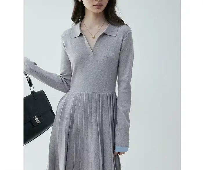 Robe tricotée plissée à col POLO pour femmes