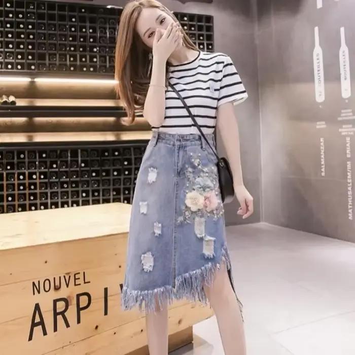Jupe en jean mi-longue taille haute potelée pour femme