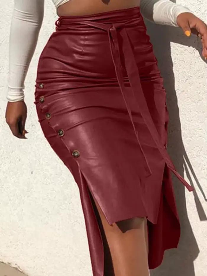 Jupe mi-longue en cuir PU pour femmes
