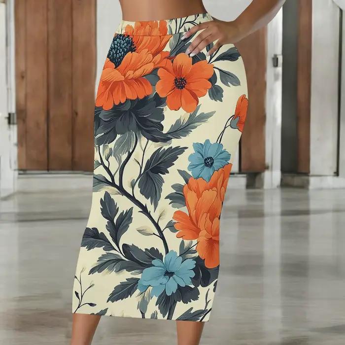 Jupe crayon florale, jupe midi imprimée orange et bleue, jupe moulante taille haute, tenue de bureau élégante, S-2XL