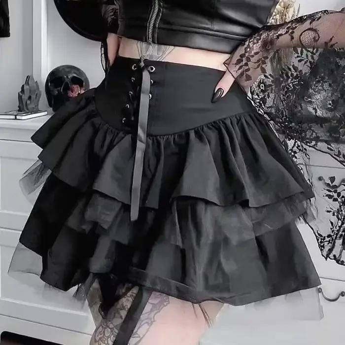 Jupe mini trapèze noire à dentelle style punk Y2K tendance pour filles