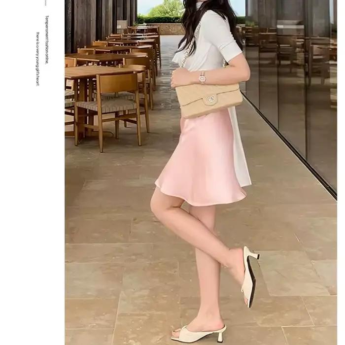 Jupe midi élégante en satin lisse pour femme, coupe trompette, taille élastique, idéale pour l'été