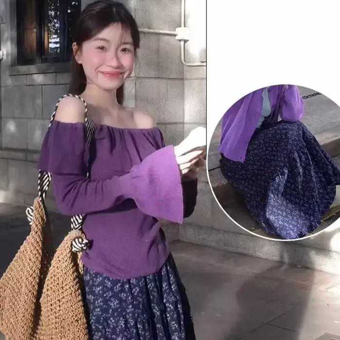 Nouveau élégant bleu foncé à fleurs femmes taille haute rétro bleu jupe florale femme a-ligne jupe décontracté paresseux vent jupe longue