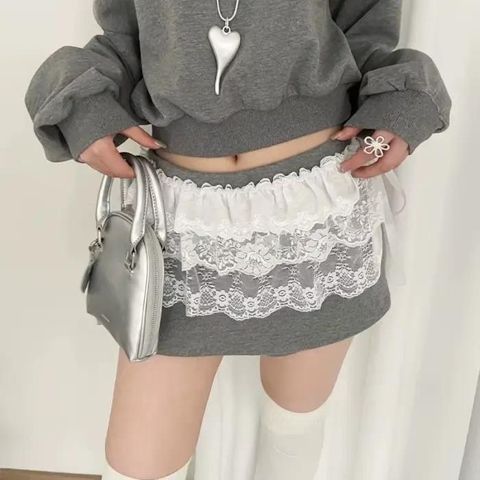 Femmes Y2K coréen dentelle Mini jupe superposée Streetwear à lacets volants Harajuku taille haute plissée dames