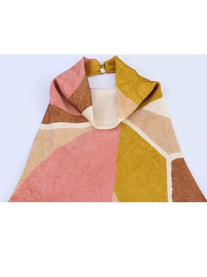 HH femmes mode jupe sans manches motif géométrique costume dos nu col suspendu haut + a-ligne plissée imprimé