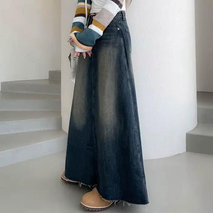 Vinatge une ligne Denim jupes longues femmes 2026 printemps taille haute Midi jean jupe femme coréenne Streetwear
