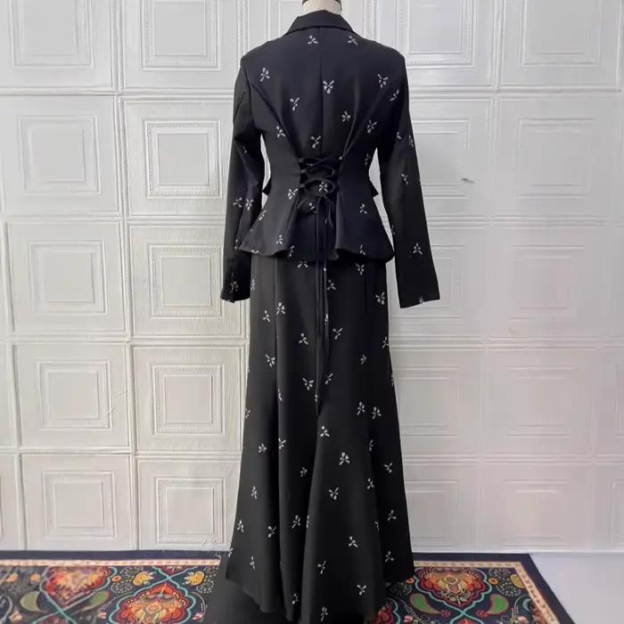 Femmes jupe longue costume veste 2 pièces Ensemble imprimé tenues haut jupes Blazer manteau musulman Double boutonnage à lacets Eid Ensemble modeste