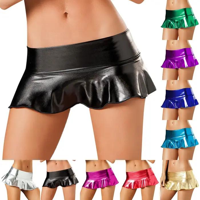 Mini jupes pour femmes à la mode volants ourlet taille haute en cuir pu plissé