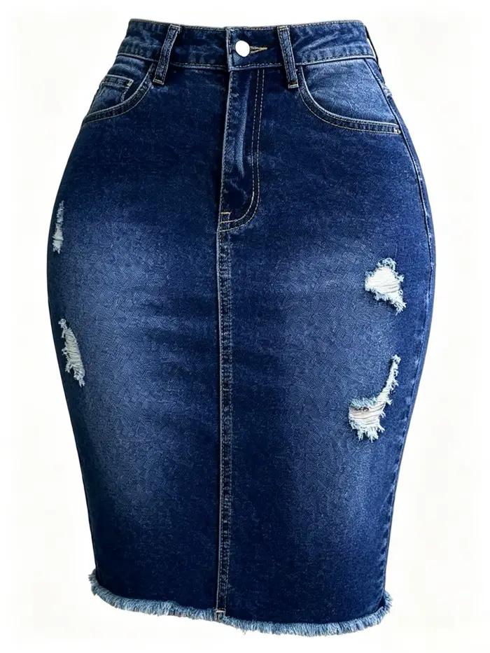 Jupe en jean extensible taille haute pour femme avec ourlet déchiré et effiloché
