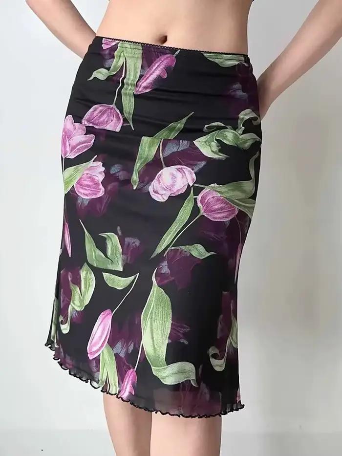 Jupe Vintage Florale en Maille pour Femme