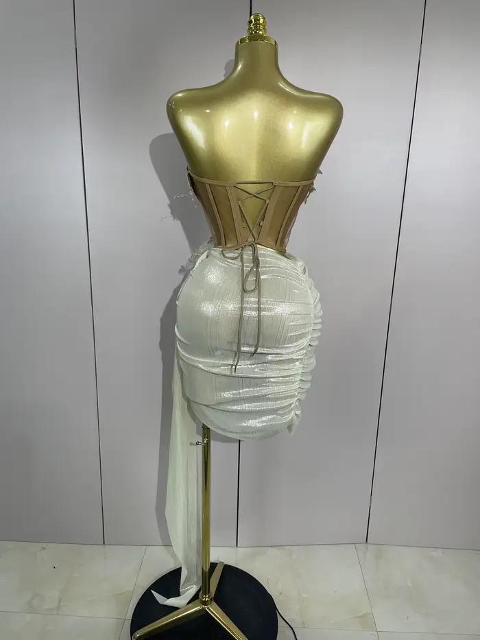 STOCK luxe perles brillantes Sexy jupe asymétrique 2 pièces ensemble 2025 femmes soirée fête d'anniversaire scène danseur Performance Costume